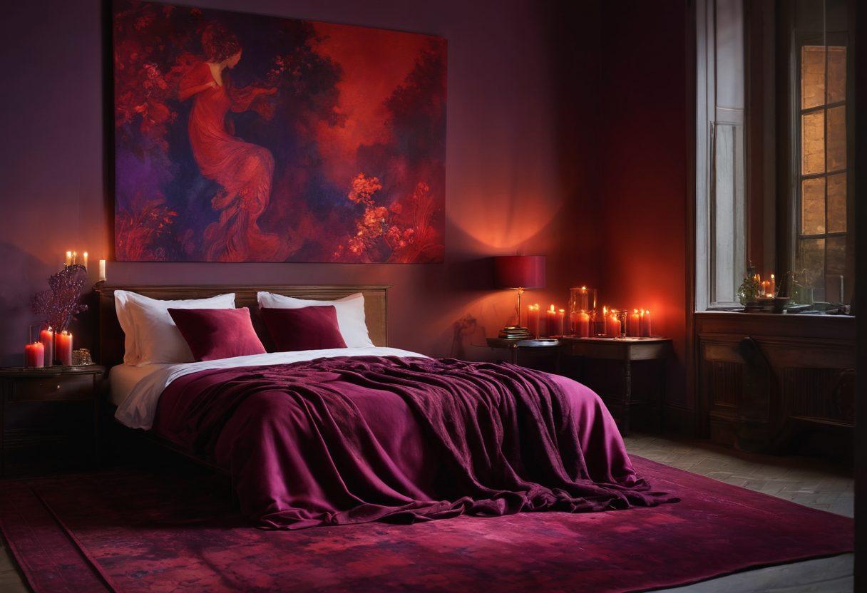 A sultry, dimly-lit room filled with sensual, rich fabrics and flickering candles. Silhouettes of entwined bodies hinting at intimacy, surrounded by passionate colors like deep reds and purples. Elements of art such as paintbrushes and canvas subtly incorporated to symbolize creativity in seduction. An inviting atmosphere that evokes desire and romance. super-realistic. vibrant colors. soft focus.