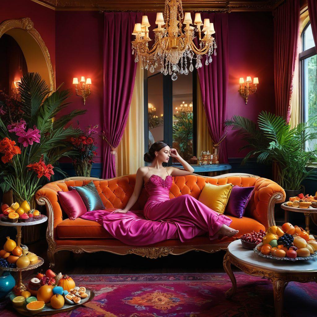 A vibrant, sultry scene featuring a playful, confident woman in a colorful, luxurious setting, surrounded by tempting desserts and exotic fruits, with hints of fantasy elements like whimsical sparkles and soft lighting. The background should have luscious drapes and plush pillows to evoke a sense of indulgence and sensuality. Bold colors and an inviting atmosphere to captivate the viewer's imagination. super-realistic. vibrant colors. dreamy ambiance.